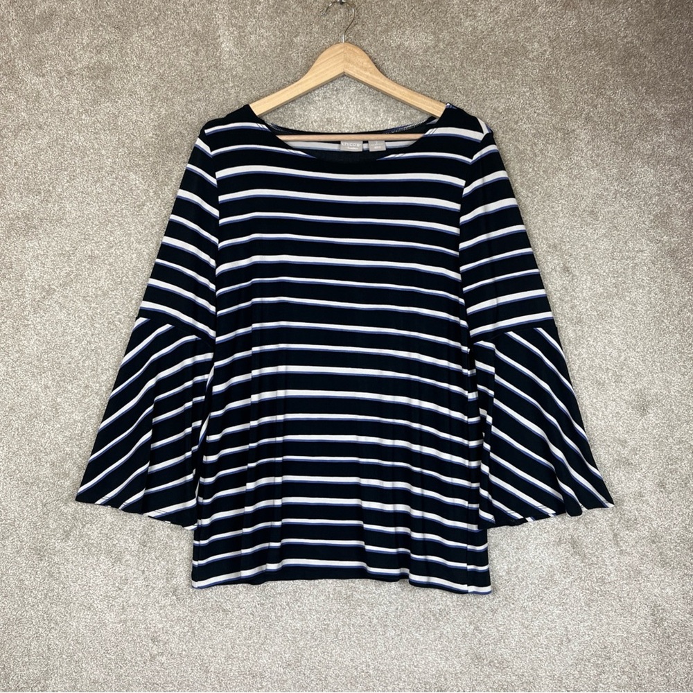 Chico's Travelers Shirt Womens 2 Black Stripe Flared Sleeve Pullover- 4253